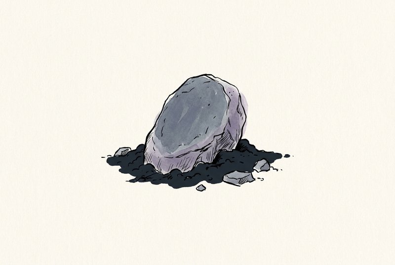 A single weathered stone partially embedded in dark soil, with smaller fragments scattered nearby, rendered in minimal ink linework with a faint purple-gray wash on textured paper.