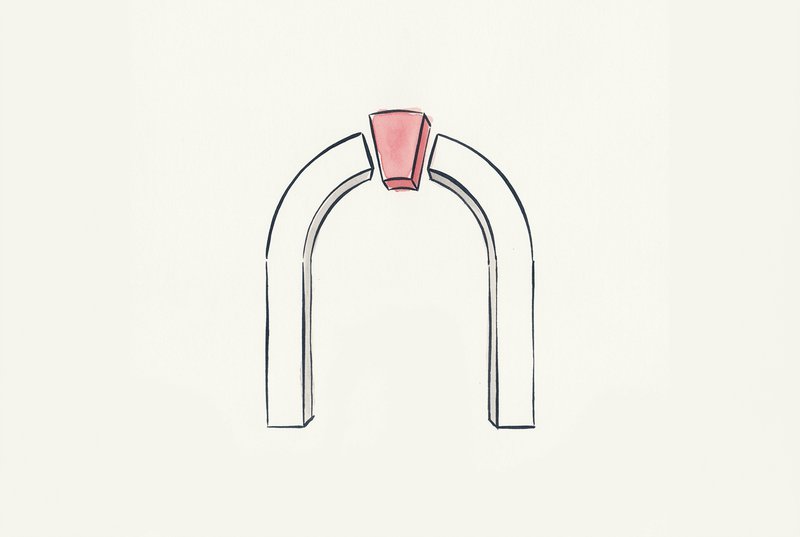 A single keystone wedge shape at the top center of a simple arch outline, the keystone slightly separated from the arch to show it is the critical piece, rendered in minimal ink linework.
