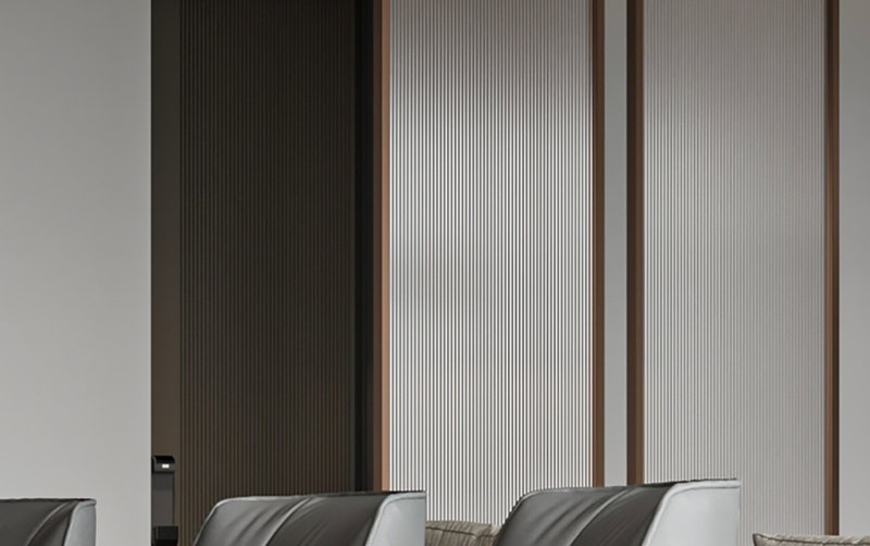Reeded glass wall partition in living room.