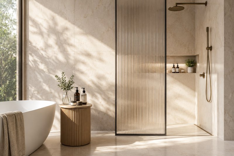 Reeded glass partitions used in a bathroom.