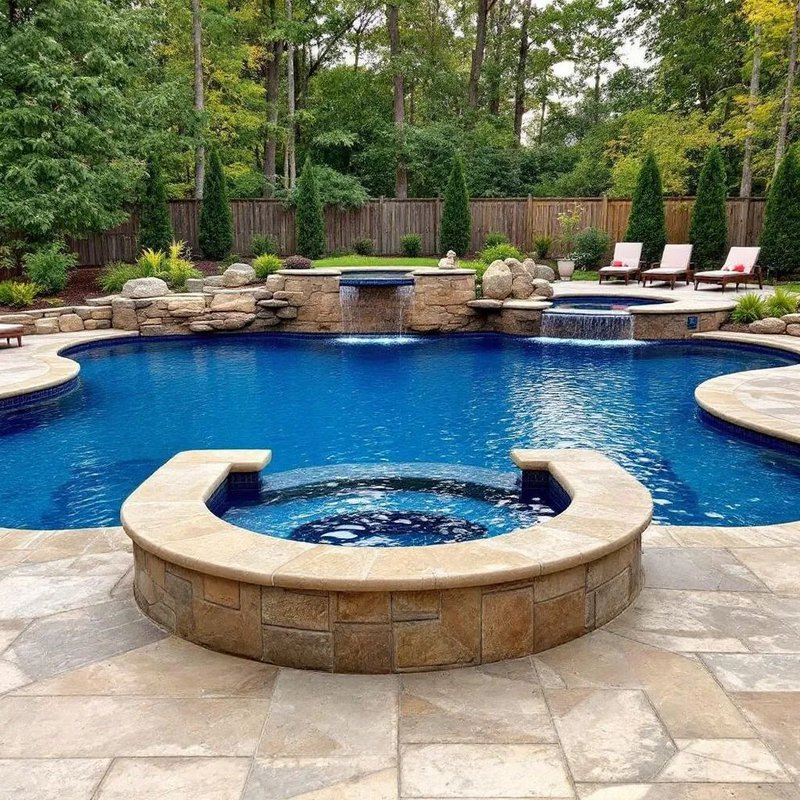 Large luxury fiberglass pool with freeform shape, built-in spa, tanning ledge, and waterfall feature, upscale backyard setting