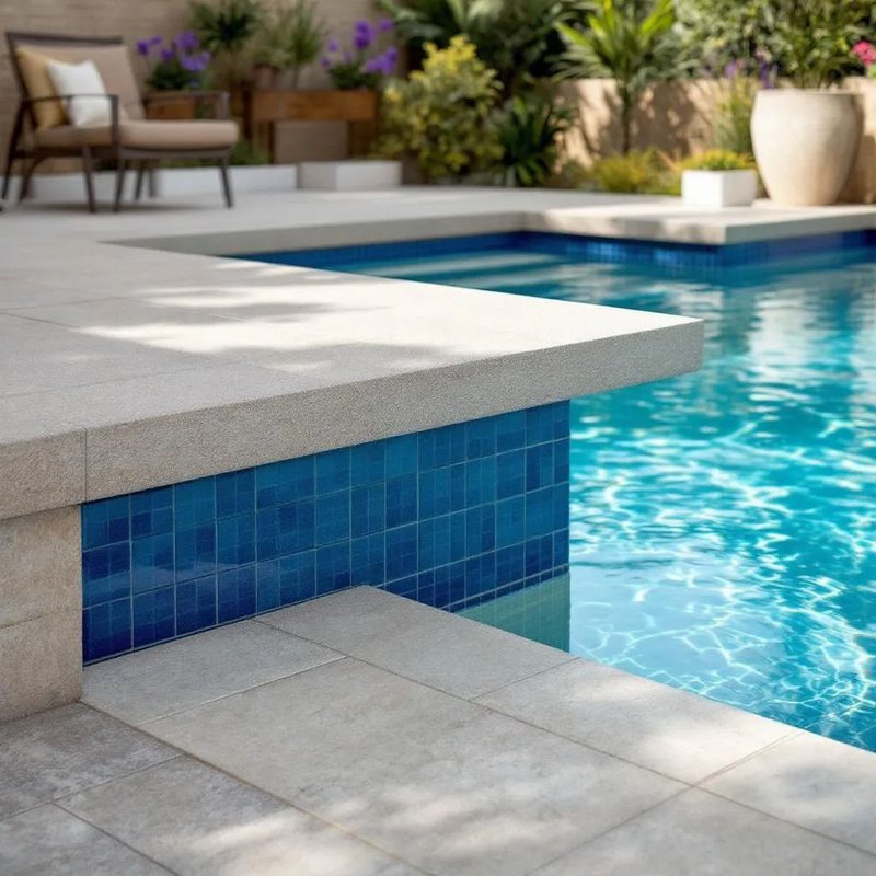Fiberglass pool with tanning ledge and built-in seating close-up