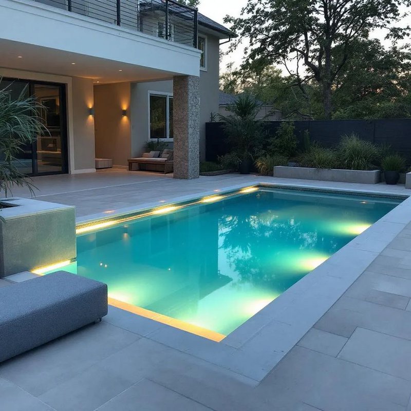 Different fiberglass pool shapes in residential backyard layouts
