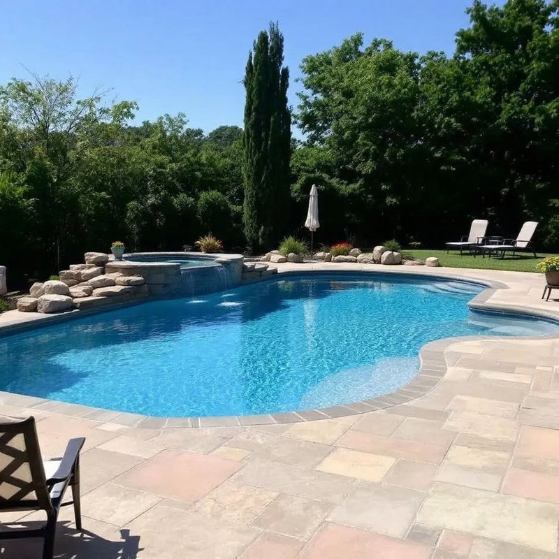 Backyard pool ready for use with clear water and clean deck