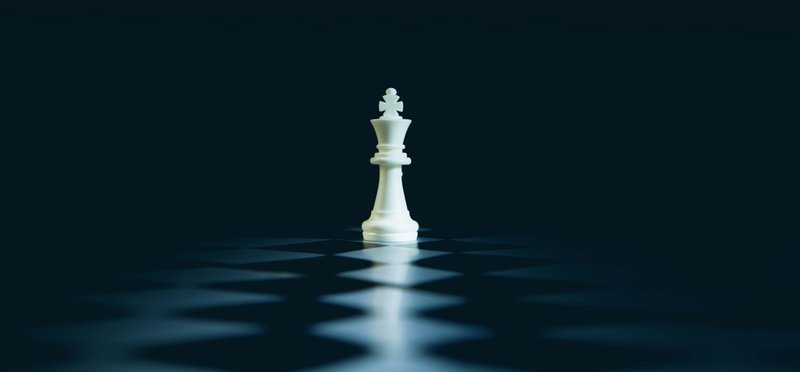 A single white chess king stands on a dark board