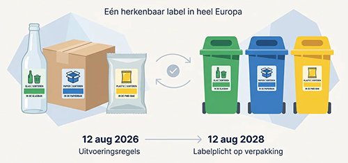 De Packaging and Packaging Waste Regulation (PPWR) zet de komende jaren de standaard voor verpakkingen in Europa opnieuw neer. De verordening richt zich op de volledige levenscyclus van verpakkingen: van ontwerp en materiaalkeuze tot hergebruik en recycling. Een belangrijk onderdeel hiervan is de geharmoniseerde etikettering van verpakkingen. Vanaf 2028 worden in de hele Europese Unie uniforme labels en pictogrammen verplicht, zodat afvalscheiding overal op dezelfde manier wordt ondersteund. Voor bedrijven heeft dit directe impact op verpakkingsprocessen en etikettering in productieomgevingen. Van nationale labels naar één Europees systeem Op dit moment gebruiken Europese landen verschillende labels, symbolen en sorteerinstructies. Dat maakt verpakkingscommunicatie complex, zeker voor bedrijven die in meerdere landen actief zijn. De PPWR brengt daar verandering in. Er komt één geharmoniseerd etiketteringssysteem voor de hele EU. Dat betekent: uniforme pictogrammen voor afvalscheiding dezelfde materiaalidentificatie in alle lidstaten één visuele standaard voor verpakkingslabels Waar nu nog verschillen bestaan tussen landen, moet straks één geharmoniseerd systeem zorgen voor duidelijkheid en herkenbaarheid in heel Europa. Wat verandert er concreet op de verpakking? De kern van de nieuwe regels draait om duidelijkheid en consistentie. Vanaf 2028 moeten verpakkingen in de EU onder andere voorzien zijn van: een gestandaardiseerd label met materiaalaanduiding (zoals plastic, papier/karton, glas of metaal) uniforme EU-pictogrammen die in alle lidstaten hetzelfde zijn beperking van nationale of afwijkende symbolen digitale informatie via bijvoorbeeld QR-codes wanneer fysieke plaatsing van tekst moeilijk is Voor bepaalde verpakkingen komen aanvullende eisen voor etikettering en informatievoorziening, zoals: aanduiding van composteerbaarheid informatie over herbruikbaarheid en bijbehorende systemen meer uniforme en gestandaardiseerde milieuclaims, zoals gerecycled of biobased materiaal De nadruk ligt op eenduidige communicatie: dezelfde informatie op elke verpakking binnen de EU. Wat betekent dit voor bedrijven? De impact van geharmoniseerde etikettering gaat verder dan alleen het ontwerp van een label. Het raakt ook: artwork- en verpakkingsbeheer drukwerk en labelproductie logistieke en voorraadvarianten systemen voor coderen en etiketteren Voor bedrijven die in meerdere Europese markten actief zijn, brengt dit extra complexiteit met zich mee door de overgang naar één uniforme EU-standaard voor etikettering. Belangrijke deadlines geharmoniseerde etikettering De invoering van de geharmoniseerde etikettering verloopt gefaseerd: Uiterlijk 12 augustus 2026: duidelijkheid regels Uiterlijk in 2026 worden de exacte eisen voor de geharmoniseerde etikettering vastgesteld. Denk aan de vormgeving van de labels, de pictogrammen en de toepassing ervan op verpakkingen. Vanaf dat moment weet je dus precies waar je verpakkingen aan moeten voldoen. Type caption (optional) Uiterlijk 12 augustus 2028: invoering geharmoniseerde etikettering Vanaf 2028 moeten verpakkingen die op de Europese markt komen voorzien zijn van een geharmoniseerd etiket dat de materiaalsamenstelling duidelijk maakt. Start op tijd met de voorbereiding Hoewel de invoering nog even op zich laat wachten, is het verstandig om nu al te starten met voorbereiden. Verpakkingsontwerpen, artworkbestanden en productiedata moeten mogelijk worden aangepast. Door dit tijdig in kaart te brengen, voorkom je verrassingen wanneer de regels definitief zijn. Wat betekent dit in de praktijk? Voor consumenten wordt afval scheiden eenvoudiger en consistenter, ongeacht het land waar zij zich bevinden. Voor bedrijven betekent het vooral dat verpakkingsinformatie opnieuw bekeken moet worden en dat systemen mogelijk aangepast moeten worden om aan één Europese standaard te voldoen. Vooruitblik op 2028 De PPWR brengt grote veranderingen met zich mee, maar de geharmoniseerde etikettering is één van de meest zichtbare stappen richting een uniforme Europese verpakkingstandaard. Door nu al inzicht te krijgen in de impact, kunnen bedrijven zich tijdig voorbereiden op de overgang naar 2028. Wat betekent dit voor jouw verpakkingsproces? Wil je weten wat dit concreet betekent voor jouw verpakkingslijn? Of wil je sparren over de impact op etiketteren, coderen en productieprocessen? Wij denken hierin graag met je mee. We helpen je om inzicht te krijgen in de impact van de PPWR en wat er nodig is om jouw verpakkingsproces goed voor te bereiden op 2028. Neem gerust contact op met onze specialisten.