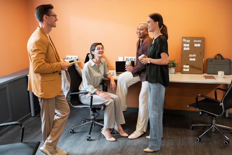 Employees on a coffee break talking about how to grow association sponsorship without staff additions