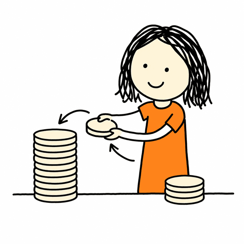 A line drawing of a person lifting a chip off a small stack and moving it onto a much taller stack.