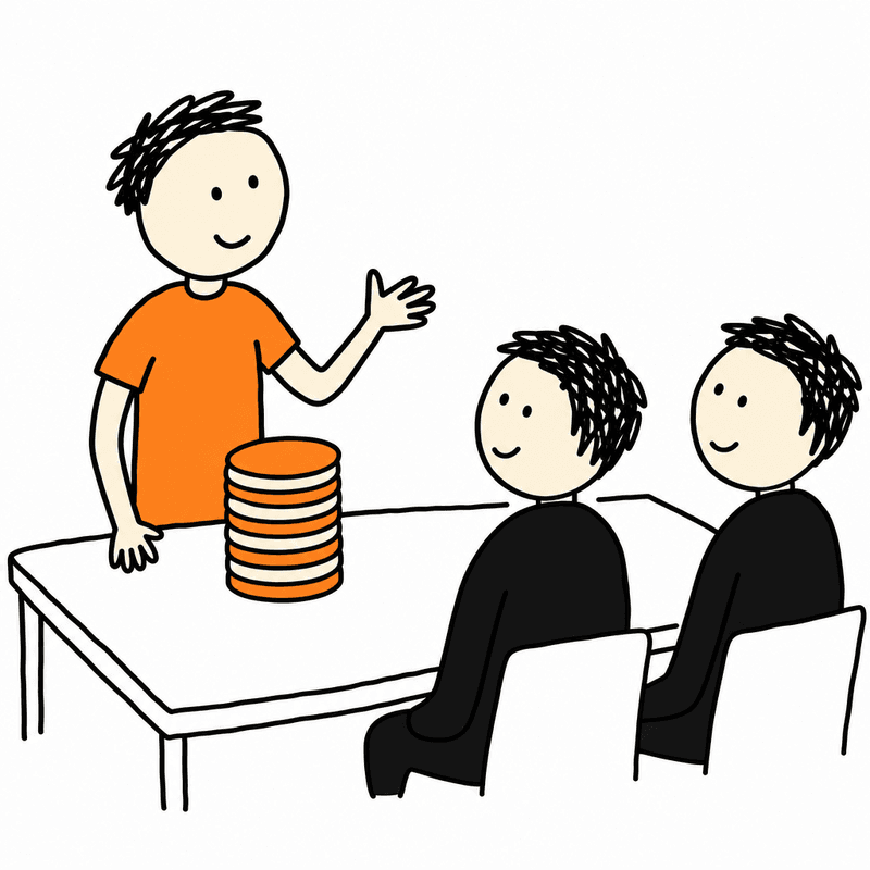 A line drawing of a person standing at a table beside a stack of chips, explaining it to two seated people.