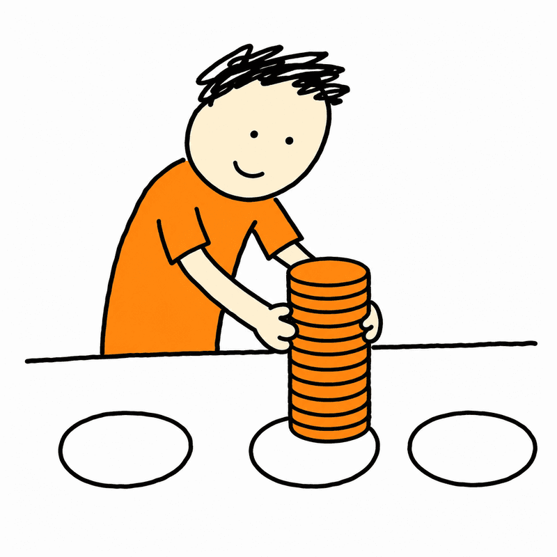 A line drawing of a person pushing a tall stack of orange chips onto one of three empty spots on a table.