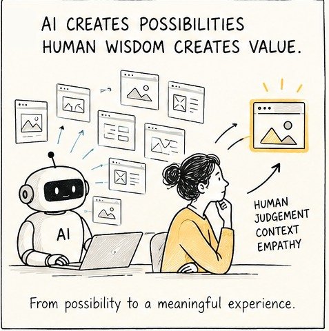 AI generates multiple interface concepts while a human designer uses judgement to select a meaningful direction.