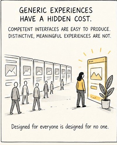A series of similar generic interfaces contrasts with a more distinctive experience designed around an individual user.