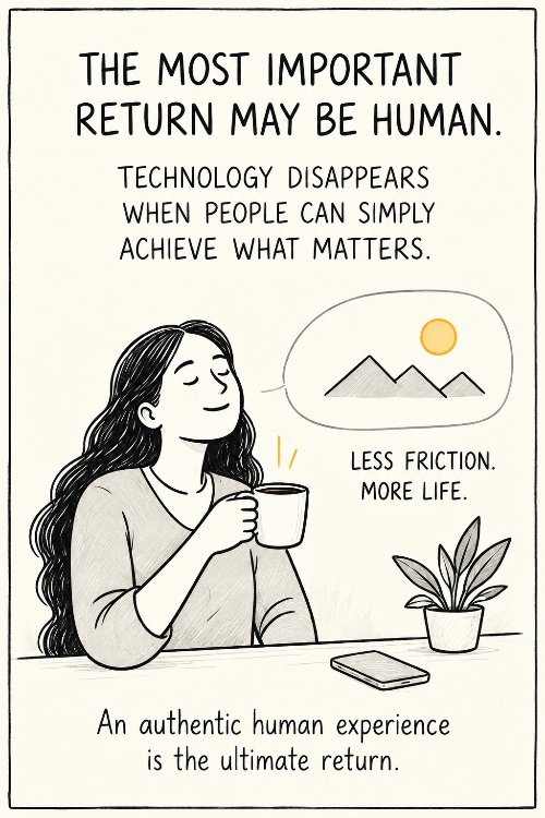 A person enjoys a simple everyday moment while technology recedes into the background, representing an effortless human experience.
