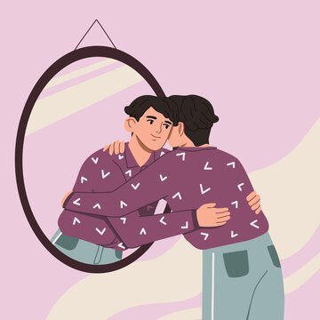 Self-compassion: Mana hugging himself through mirror