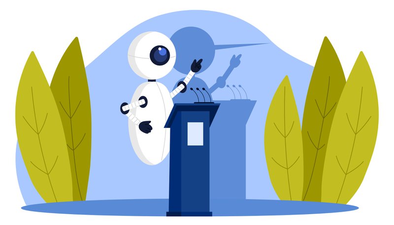 Vector artwork of a humanoid AI delivering a speech, with the shadow showing a long, pointed nose.