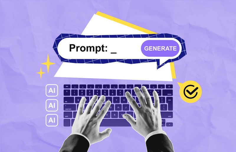 A collage of two hands on a keyboard entering a prompt for a Generative AI model.