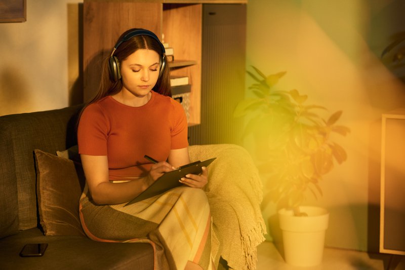 Woman sitting on a couch writing with headphones on.