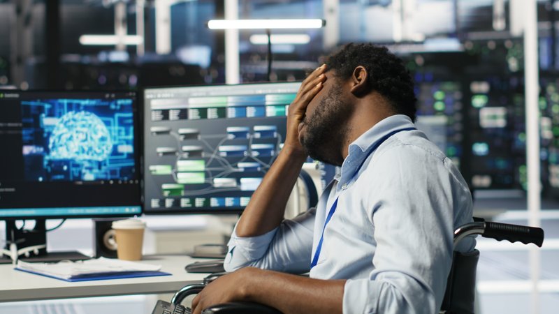 Software developer looking defeated in front of their computer.