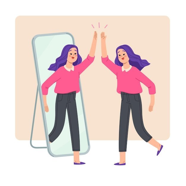 Self-compassion: Woman high-fiving herself through a mirror