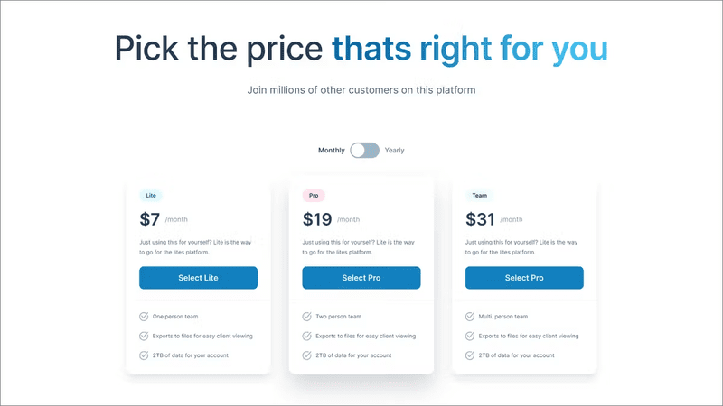 An example of a pricing section on a webpage, clearly show costs and features of each tier.