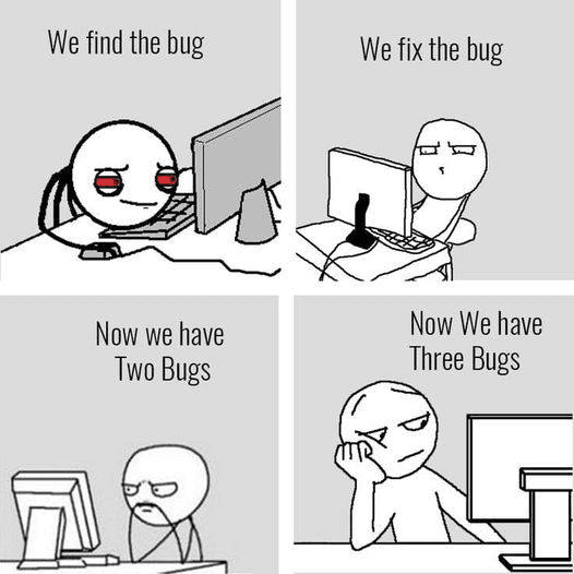 Comic strip mocking fixing a bug: we find the bug; we fix the bug; now we have two bugs; now we have three bugs.