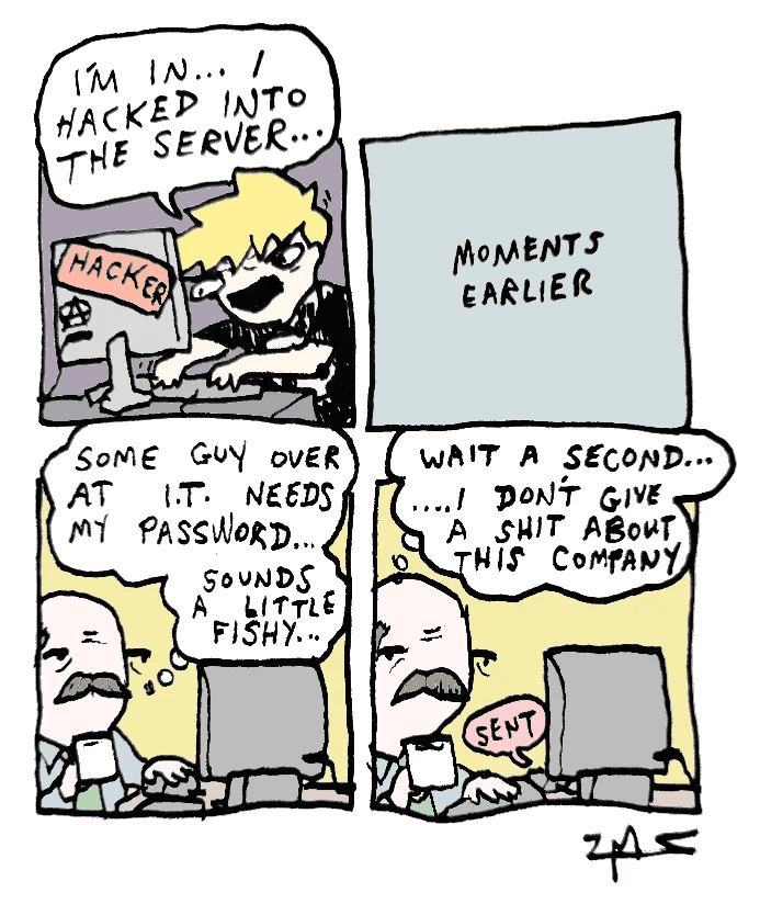 Cartoon showing a hacker celebrating access to a server, contrasted with a “moments earlier” scene where an employee ignores suspicion and sends their password to someone posing as IT.