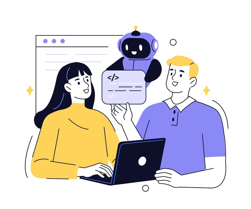 Two people and an AI robot performing a code review.