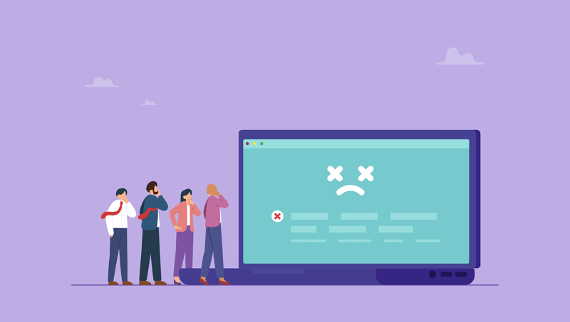 Graphic of four people looking at and thinking about software displaying an error.