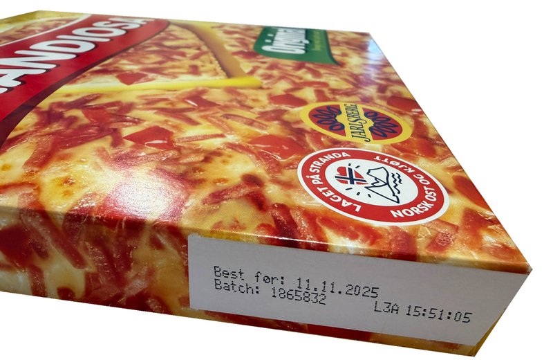 Batchnummer lot og datomerking med CIJ blekkstråleskriver på Orkla sin Grandiosa pizza