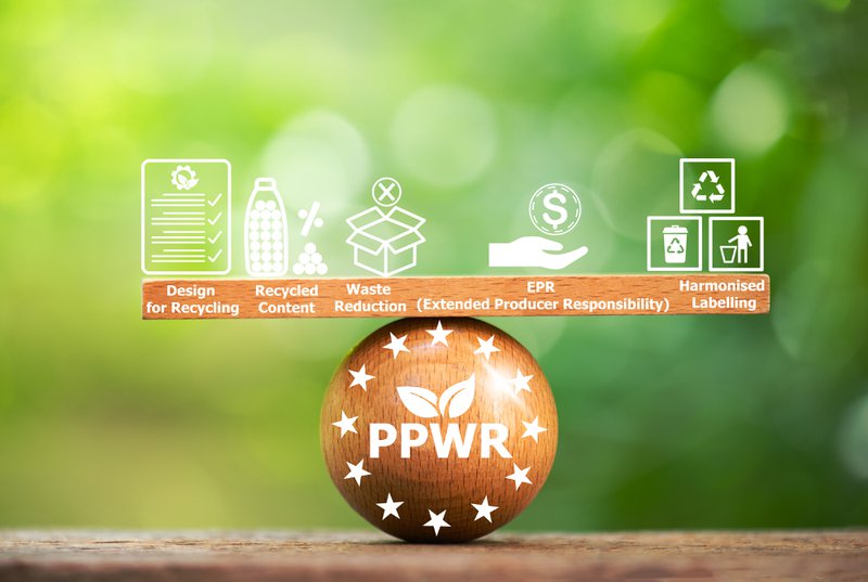 PPWR text on wood, icons about packaging and packaging waste regulation concept.