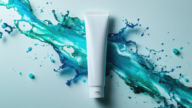 A sleek white cosmetic tube stands vertically, centrally placed, against a soft blue backdrop, complemented by a dynamic splash of turquoise-blue liquid. The fluid design adds a vibrant, artistic flair, ideal for showcasing skincare, beauty, or healthcare products.