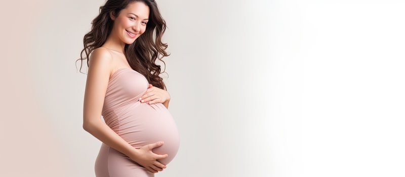 Content Pregnant woman smiling and caressing belly pointing at white background Enjoying pregnancy anticipating motherhood