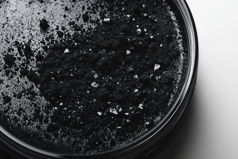 Dark charcoal powder in a round container