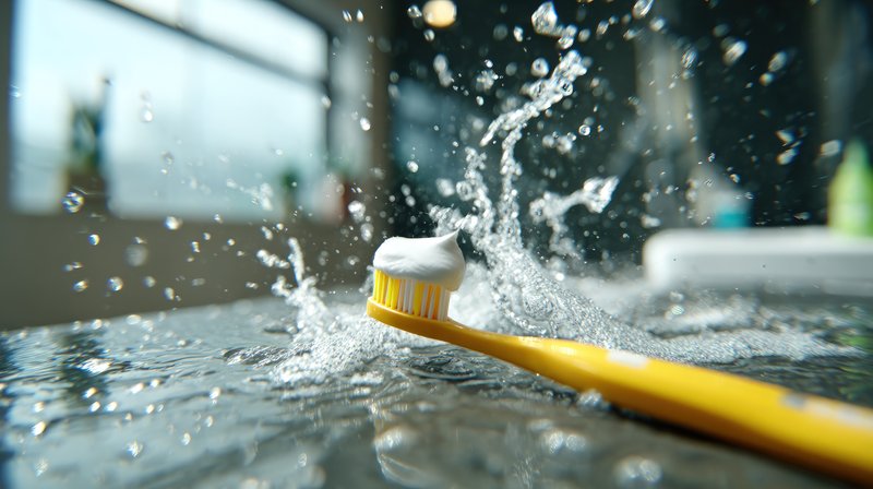 A vibrant close-up shot captures a yellow toothbrush topped with white toothpaste, positioned on a dark, wet surface. Water is actively splashing around the brush, creating dynamic droplets and waves that reflect the light. The background is softly blurred with hints of a bright indoor setting, possibly a bathroom, suggesting a clean and fresh environment. This image is suitable for illustrating themes of dental health, morning routines, personal care, and general hygiene in various commercial and editorial contexts without specific product endorsement.