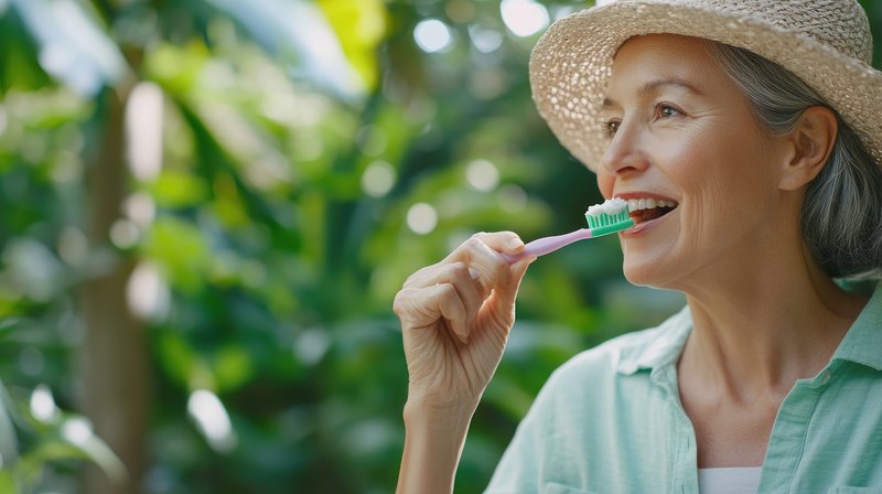Woman brushing teeth outdoors