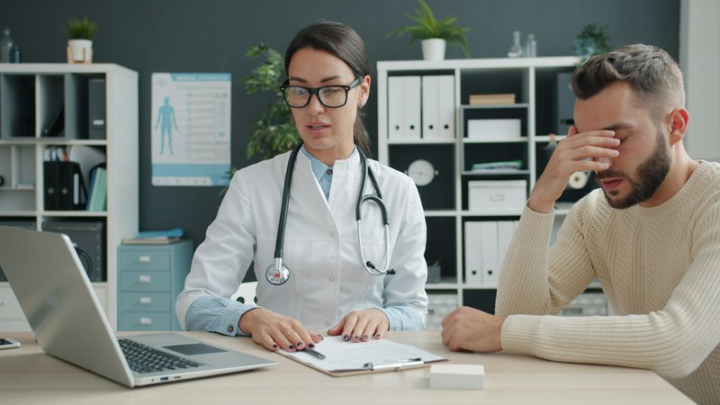 Doctor consults with a distressed male patient in office.