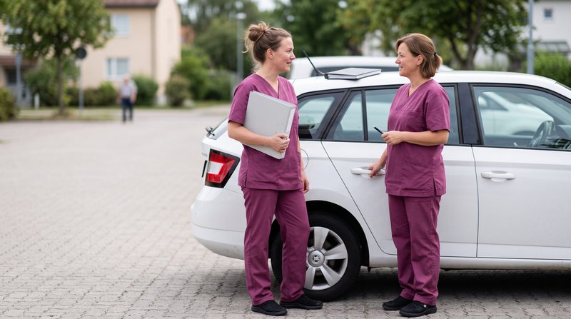 Zwei Pflegekräfte besprechen entspannt die Tour: alte Strukturen im Pflegedienst weichen einer bedarfsgerechten Planung