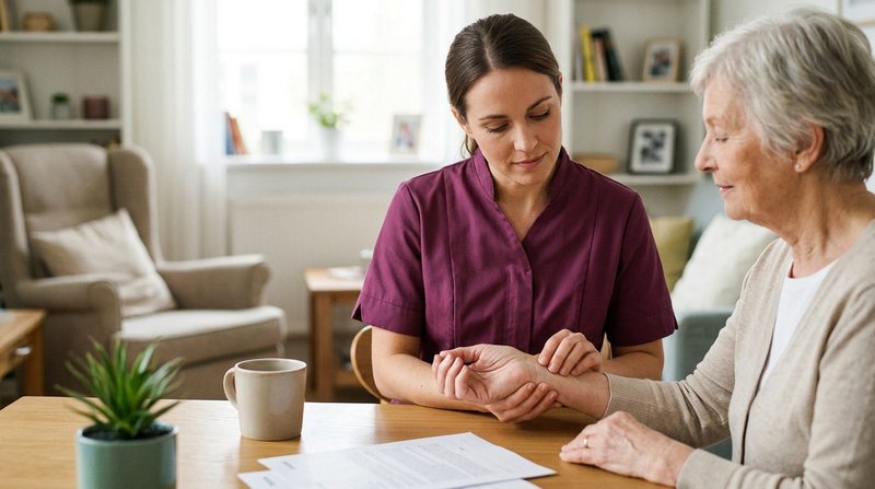 Effiziente Pflege: Pflegekraft behält bei der Klientin die Gesundheit im Blick