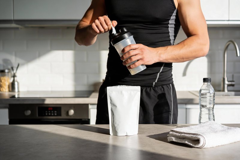 Man preparing powdered drink using clean label supplements.