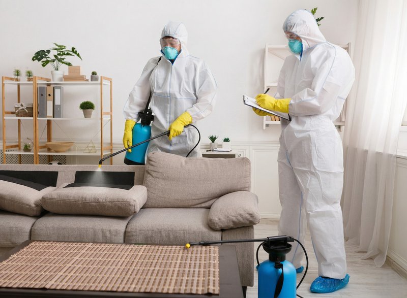 Professional cleaning service providing disinfecting service in the living room.