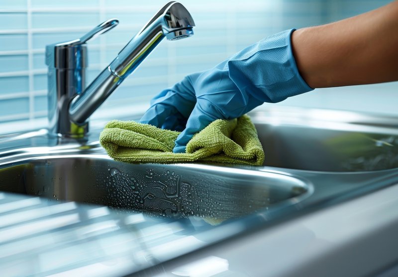 Professional cleaner providing disinfecting services in the kitchen wiping off the wet areas after spraying disinfectants.