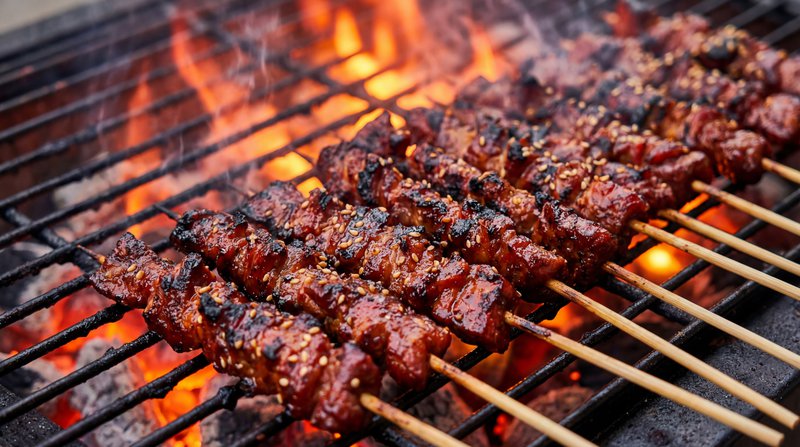 Barbeque with sesame seeds.