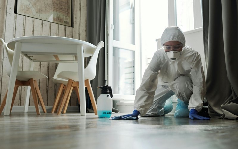Professional emergency cleaning crew cleaning a house after a fire.