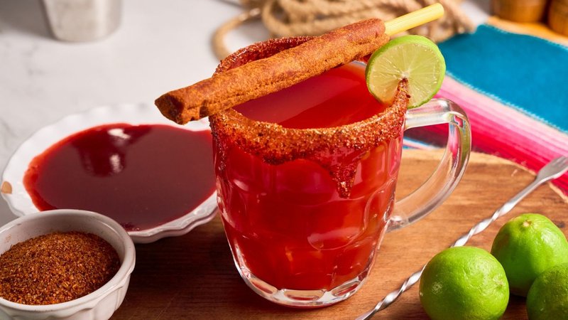 A chili-rimmed red drink with lime and spice elements, representing savory and sweet tropical flavor profiles.