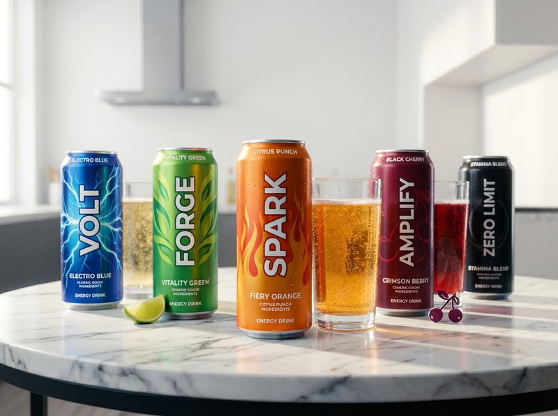 energy drink flavor formulation variations in cans on a table