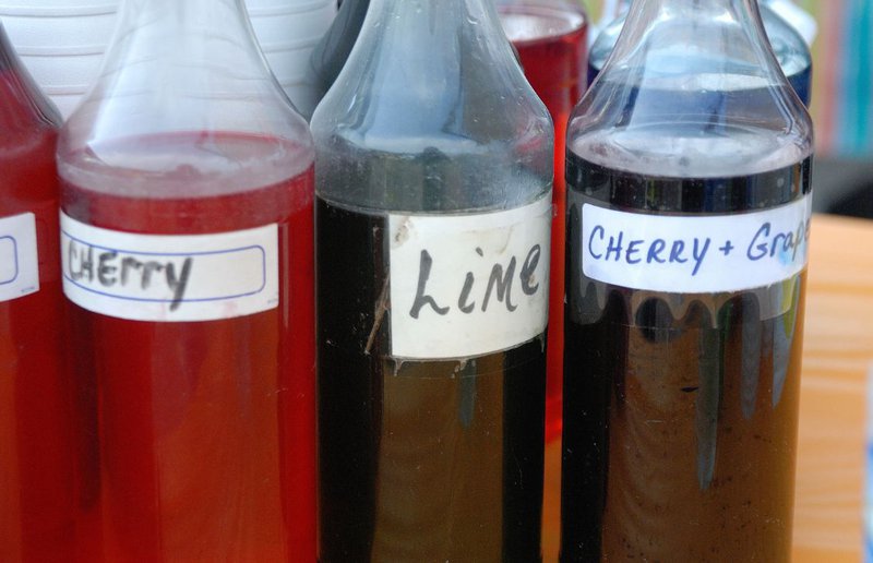 cherry, lime, and grape fruit flavoring concentrates