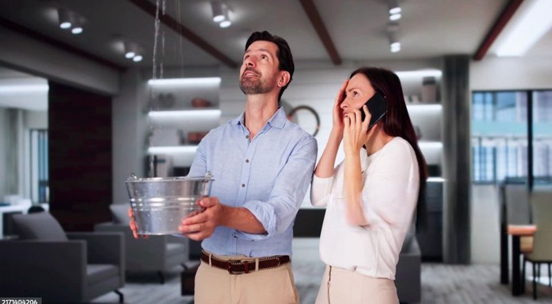 a man holding a bucket under a leaking ceiling and a woman calling on her mobile looking worried. emergency roofing