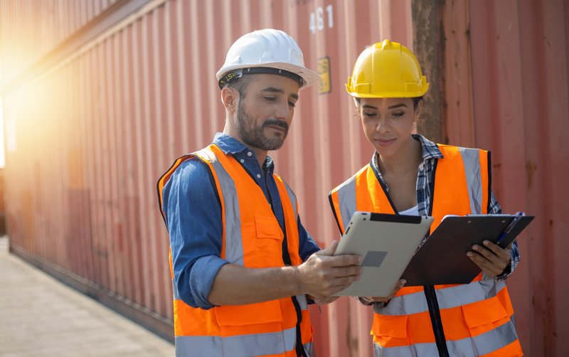 Freight and cargo manager using tablet to track freight data