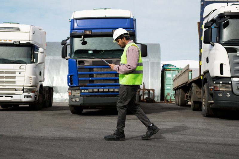 Man inspecting delivery trucks