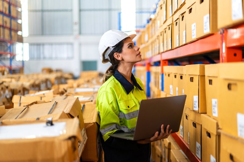 Female warehouse employee checking cargo.